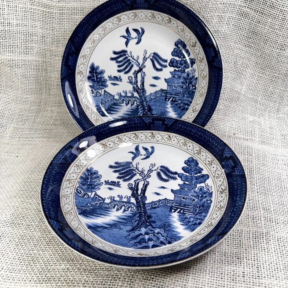 Vintage Occupied Japan Ironstone Blue Willow Rim Soup Bowl Pair 7.5in Blue White